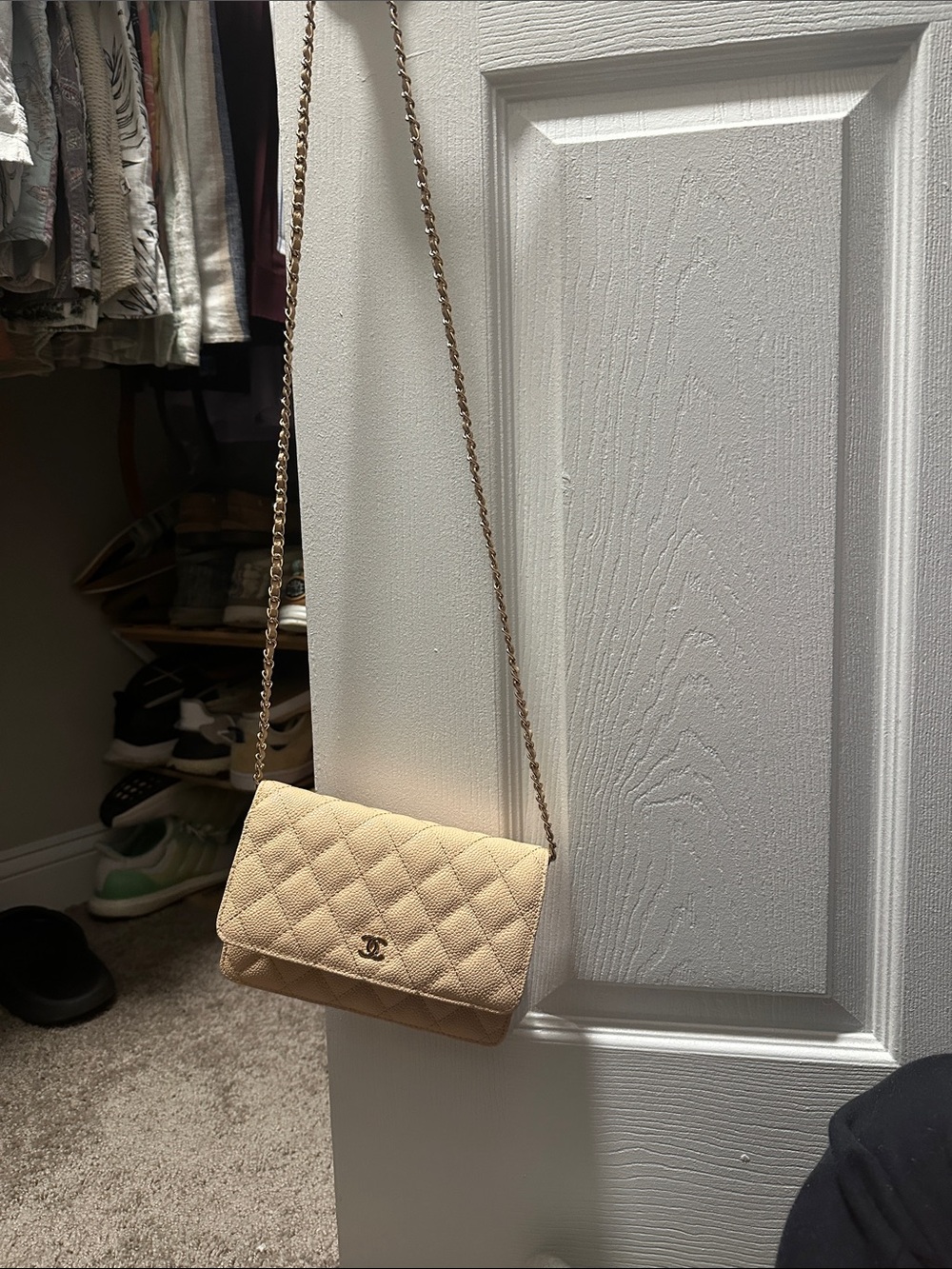 CHANEL Beige Quilted Leather Chain Crossbody Wallet